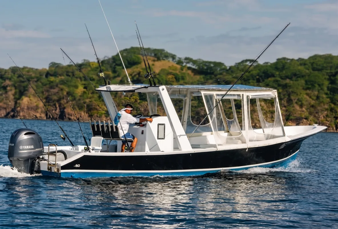 A center console fishing boat under way along the green Papagayo coast