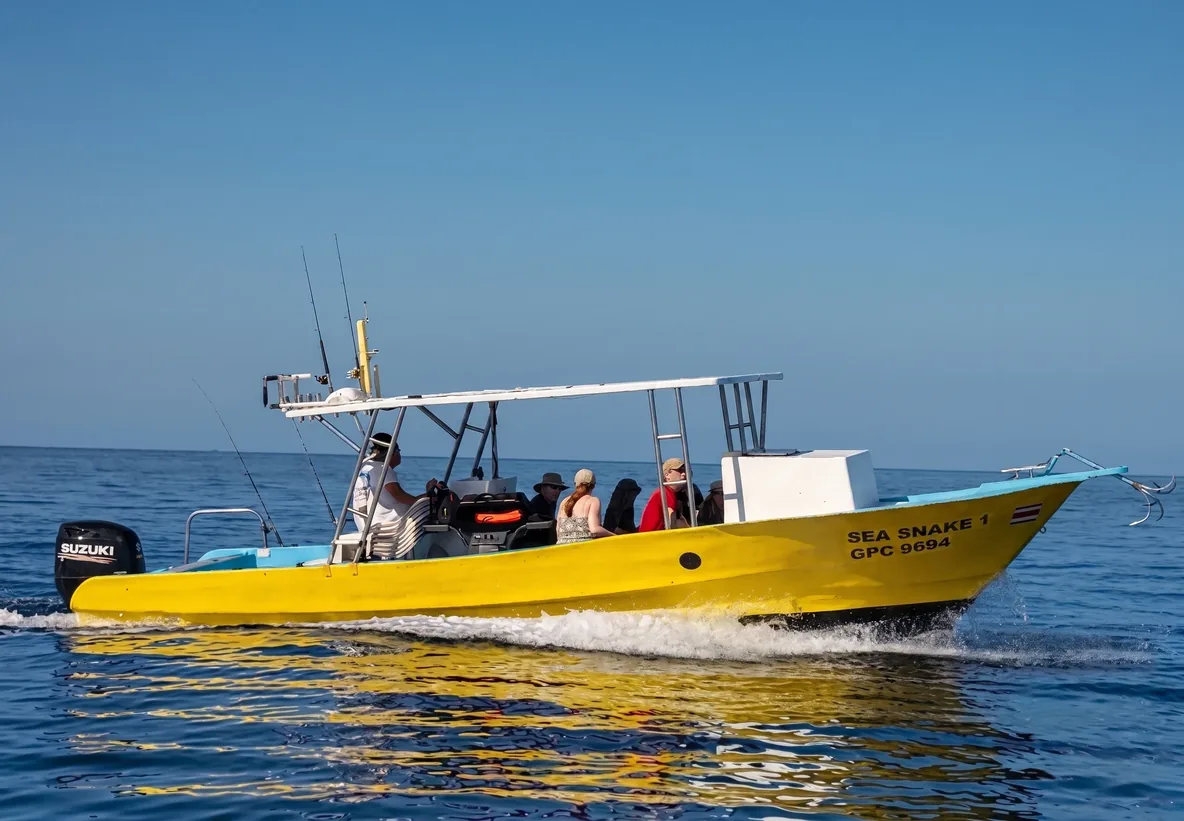 The Sea Snake panga under way with guests aboard in the Gulf of Papagayo, Costa Rica