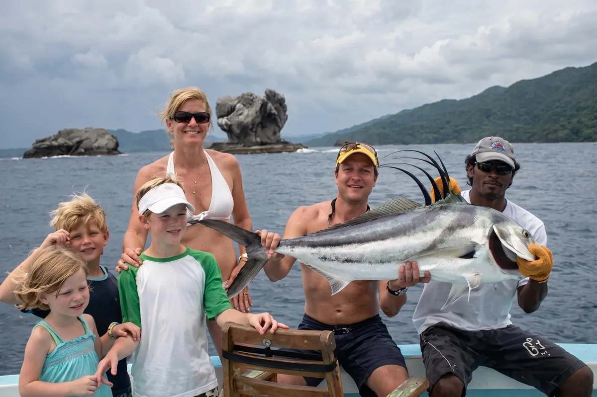 Roosterfish caught inshore near Papagayo's rocky coastline
